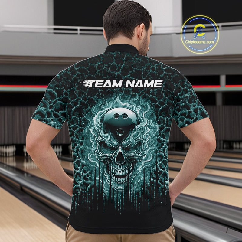 Personalized Green Fire Skull Bowling Polo Shirt & Quarter Zip With Custom Team Name