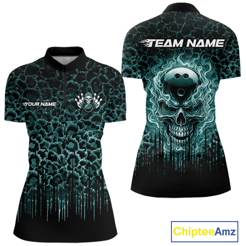 Personalized Green Fire Skull Bowling Polo Shirt & Quarter Zip With Custom Team Name