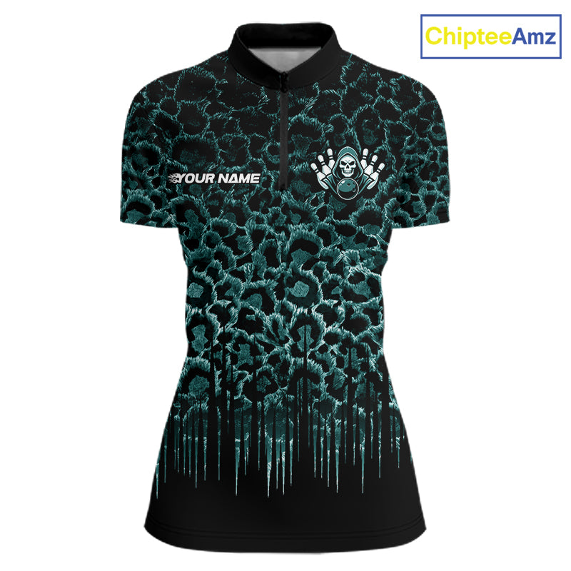 Personalized Green Fire Skull Bowling Polo Shirt & Quarter Zip With Custom Team Name