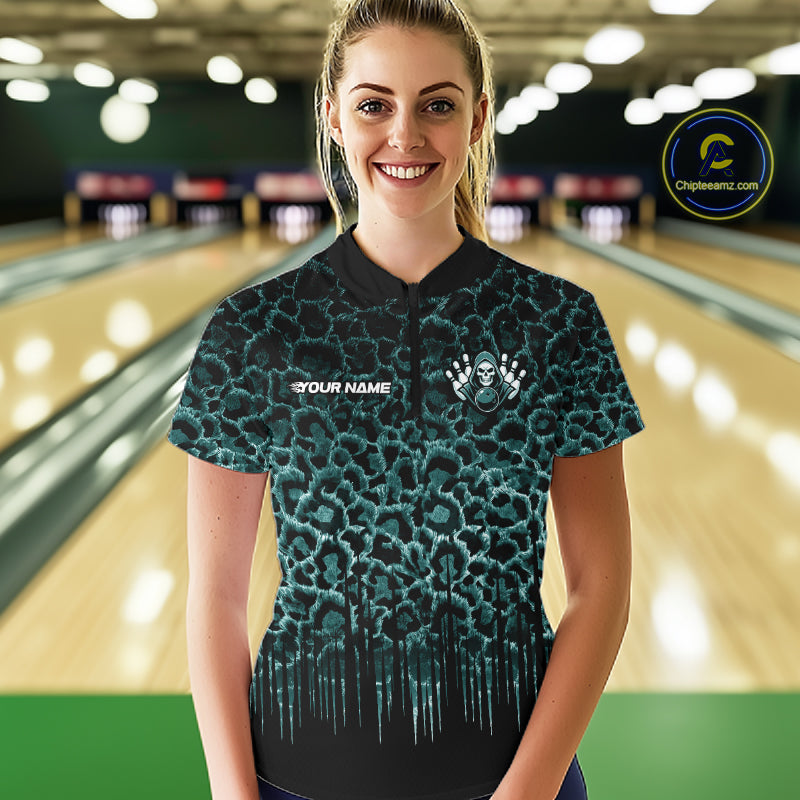 Personalized Green Fire Skull Bowling Polo Shirt & Quarter Zip With Custom Team Name