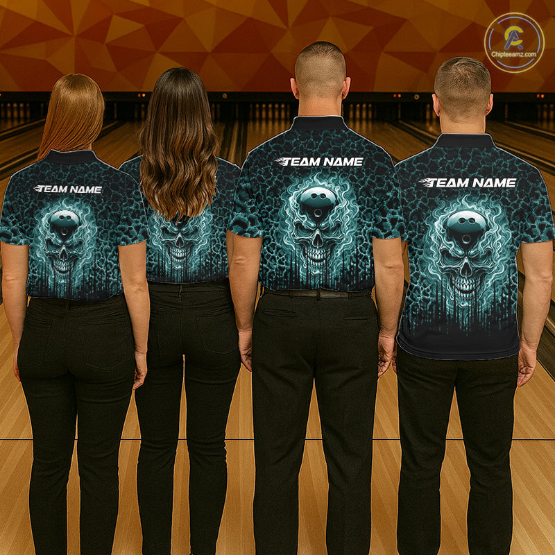 Personalized Green Fire Skull Bowling Polo Shirt & Quarter Zip With Custom Team Name