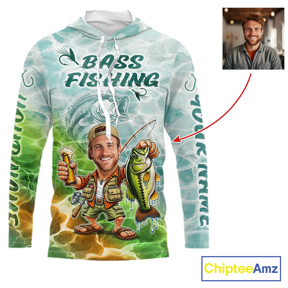 Custom Photo Funny Bass Fishing Shirts Long Sleeve Hooded, Fishing Team Jersey