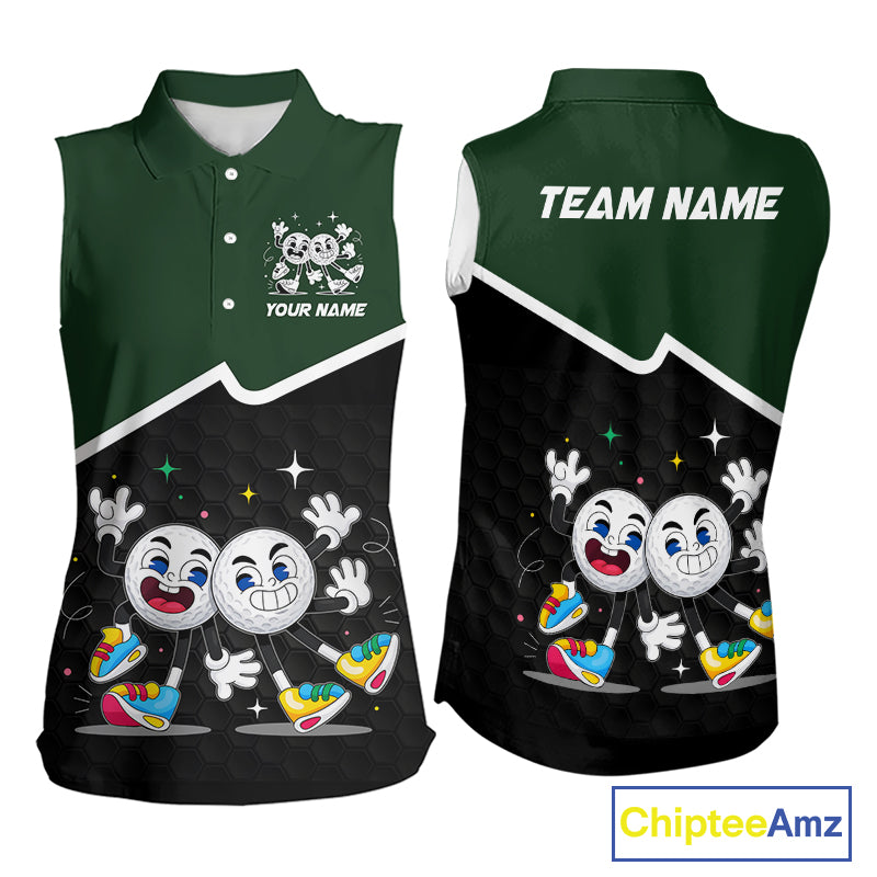 Custom Green And Black Sleeveless Golf Polo Shirt, Custom Golf Balls Team Jerseys