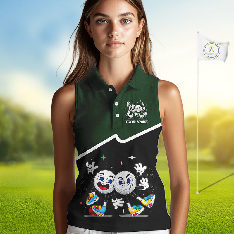 Custom Green And Black Sleeveless Golf Polo Shirt, Custom Golf Balls Team Jerseys