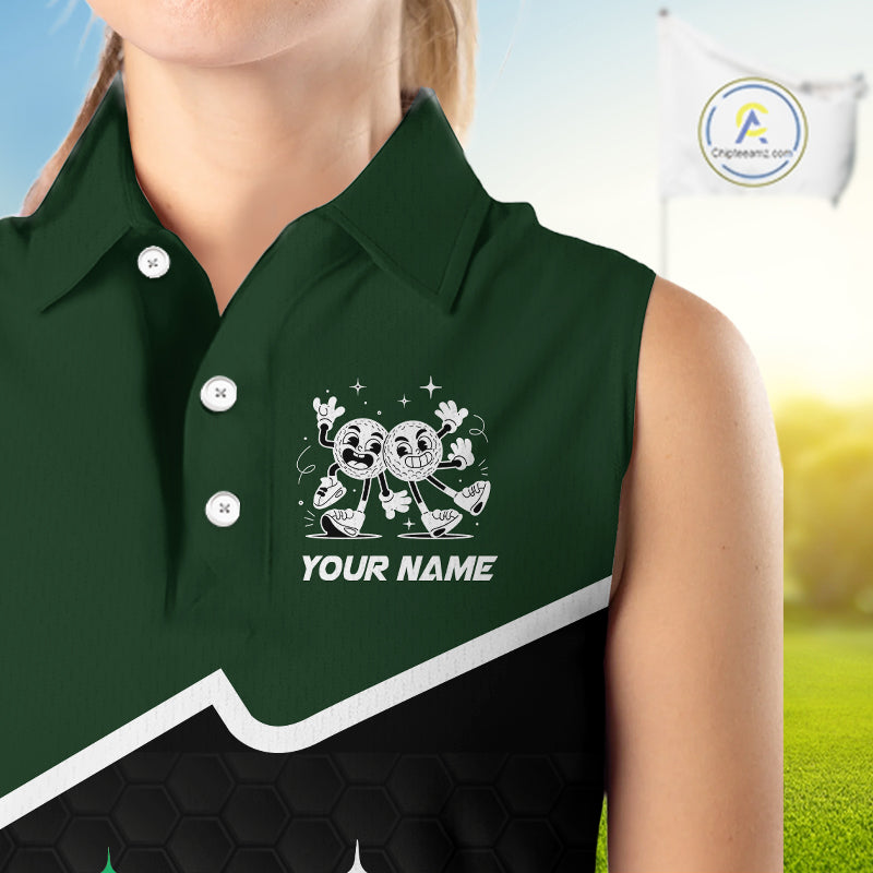 Custom Green And Black Sleeveless Golf Polo Shirt, Custom Golf Balls Team Jerseys