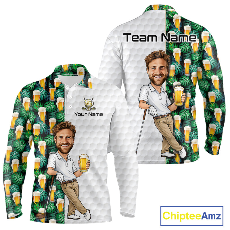 Custom Golf Polo With Face Funny Golfer Pattern Beer Tropical Lover Gift