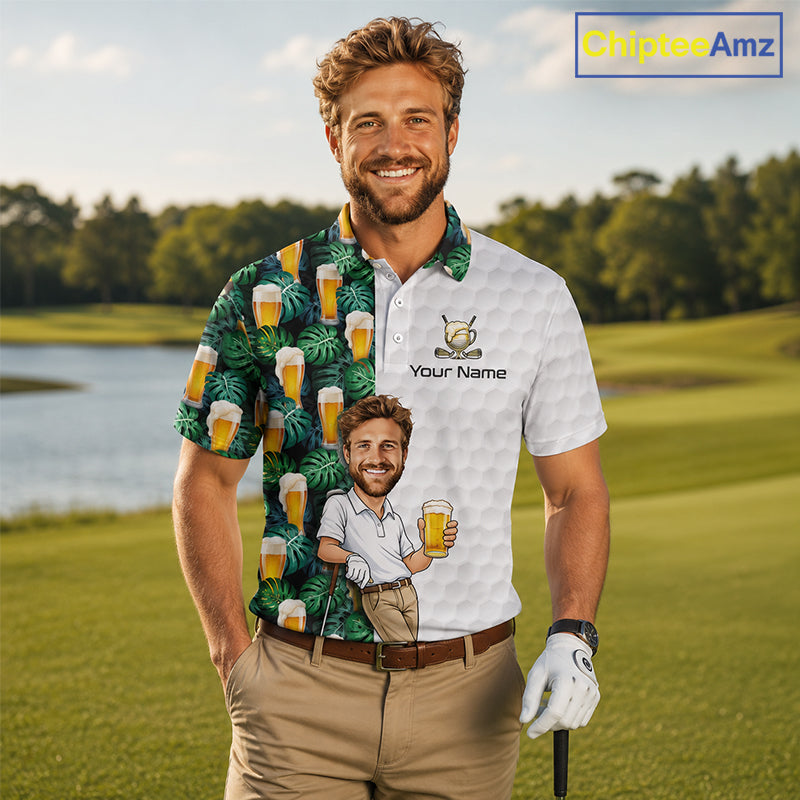 Custom Golf Polo With Face Funny Golfer Pattern Beer Tropical Lover Gift