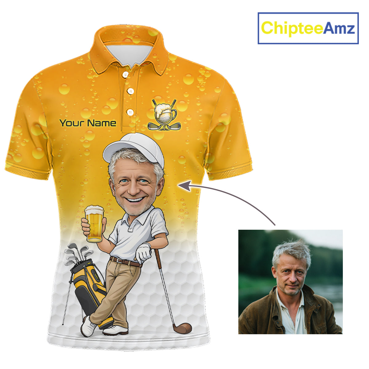 Personalized Beer Style Funny Golf Polo Shirt Gift For Father Day – Custom Face Portrait Cartoon Design