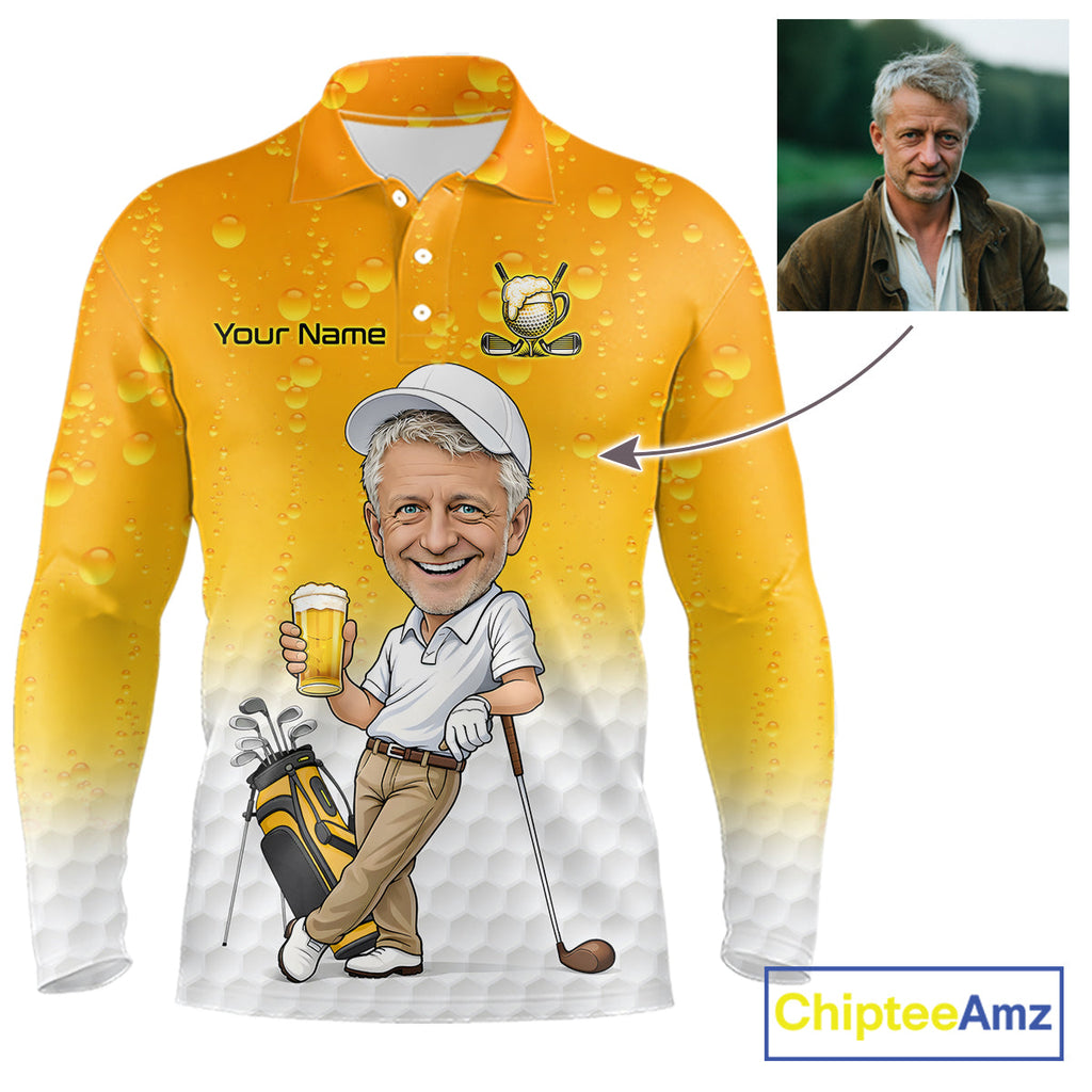 Personalized Beer Style Funny Golf Polo Shirt Gift For Father Day – Custom Face Portrait Cartoon Design