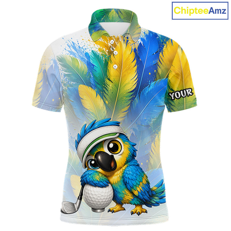 Personalized Parrot Golf Polo Shirt – Cute Bird Hugging Golf Ball, Golf Lover Gift