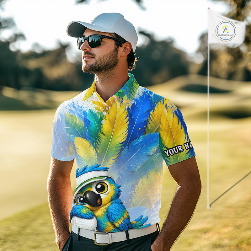Personalized Parrot Golf Polo Shirt – Cute Bird Hugging Golf Ball, Golf Lover Gift