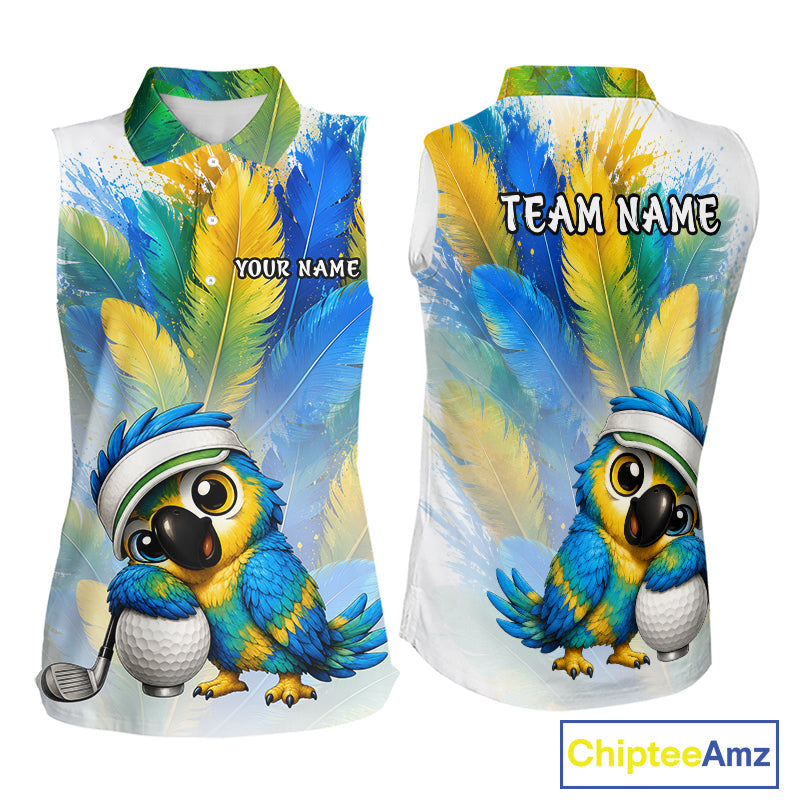 Personalized Parrot Sleeveless Golf Polo Shirt – Cute Bird Hugging Golf Ball, Golf Lover Gift