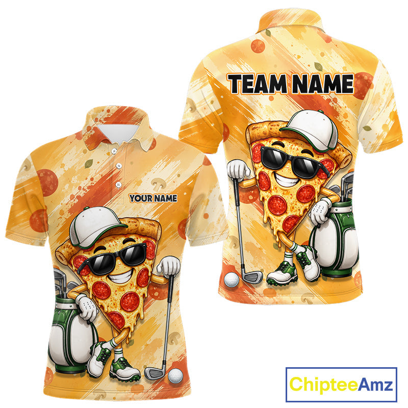 Funny Pizza Golf Polo Shirt Custom Name, Personalized Pizza Golfer Team Polo