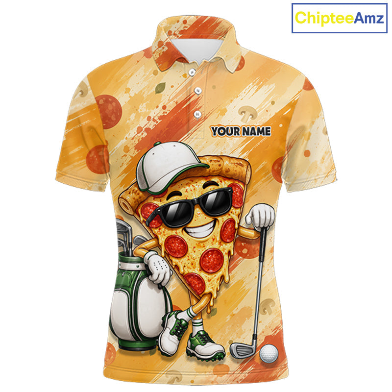 Funny Pizza Golf Polo Shirt Custom Name, Personalized Pizza Golfer Team Polo