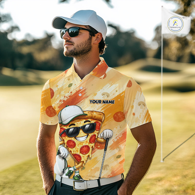Funny Pizza Golf Polo Shirt Custom Name, Personalized Pizza Golfer Team Polo