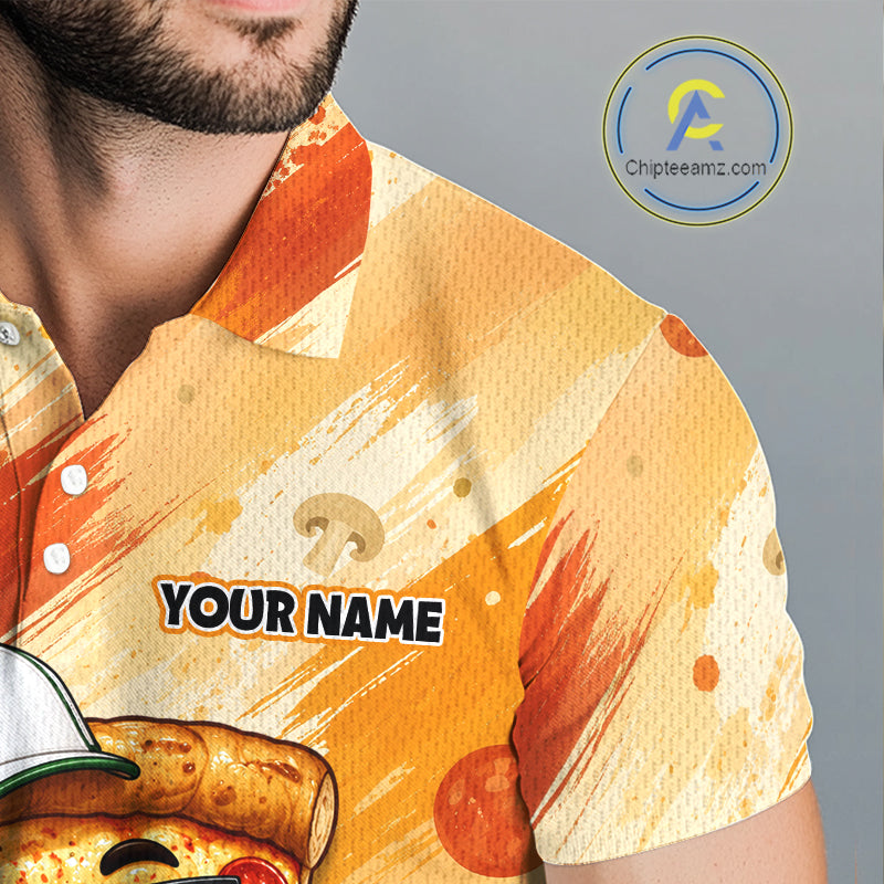Funny Pizza Golf Polo Shirt Custom Name, Personalized Pizza Golfer Team Polo
