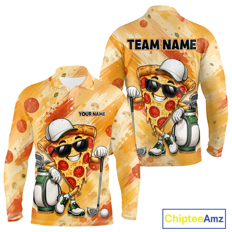 Funny Pizza Golf Polo Shirt Custom Name, Personalized Pizza Golfer Team Polo