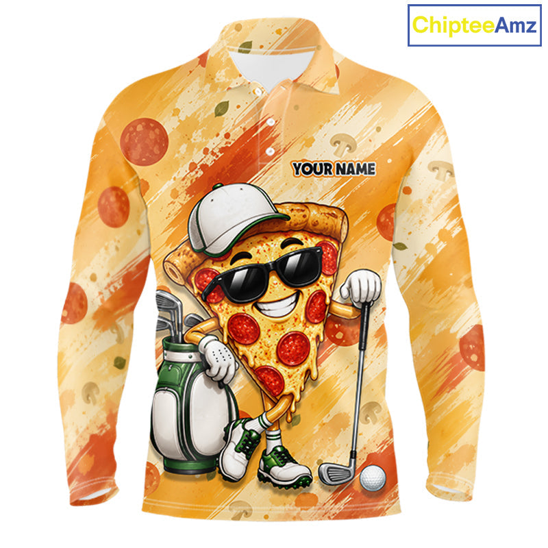 Funny Pizza Golf Polo Shirt Custom Name, Personalized Pizza Golfer Team Polo