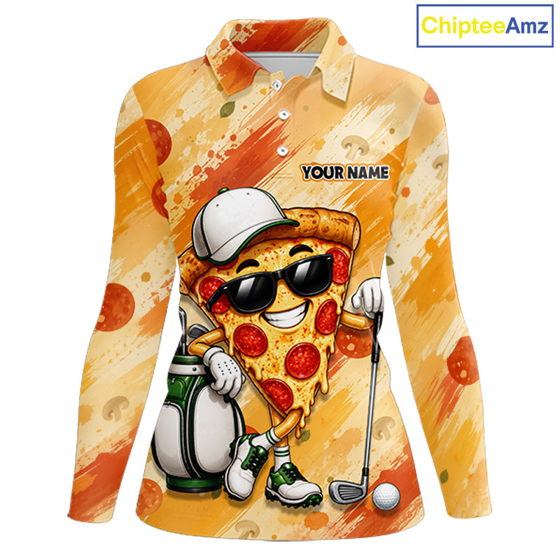 Funny Pizza Golf Polo Shirt Custom Name, Personalized Pizza Golfer Team Polo
