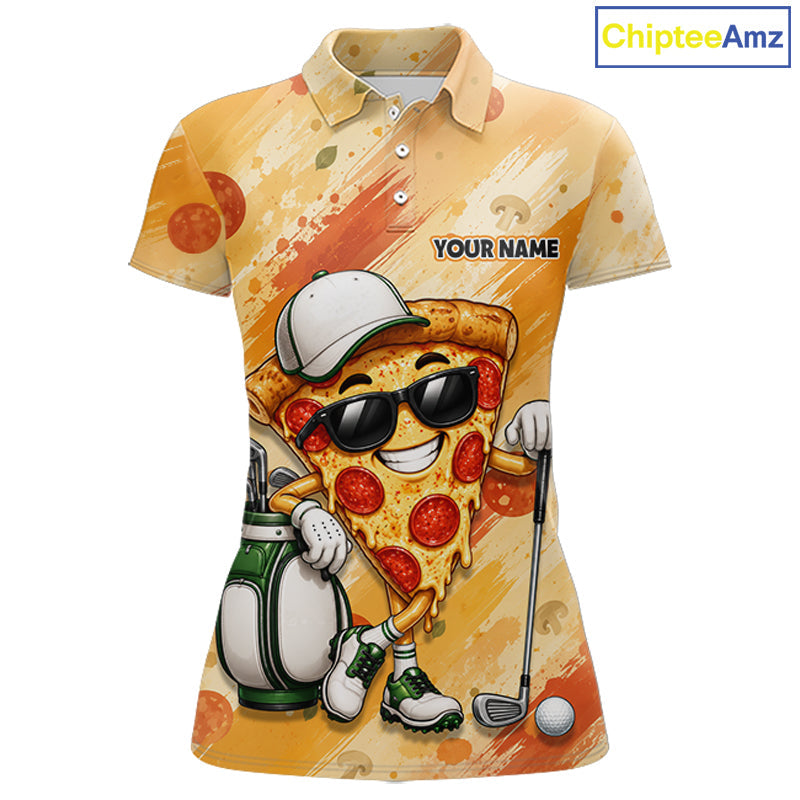 Funny Pizza Golf Polo Shirt Custom Name, Personalized Pizza Golfer Team Polo