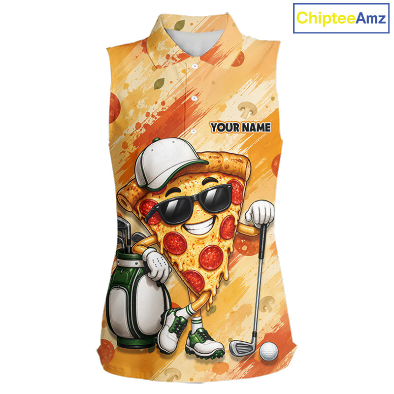 Funny Pizza Sleeveless Golf Polo Shirt Custom Name, Personalized Pizza Golfer Team Polo