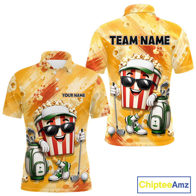 Funny Popcorn Golf Polo Shirt Custom Name, Personalized Popcorn Golfer Team Polo