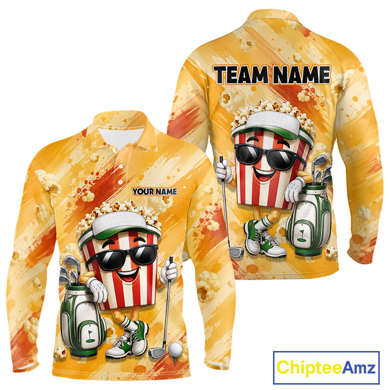 Funny Popcorn Golf Polo Shirt Custom Name, Personalized Popcorn Golfer Team Polo