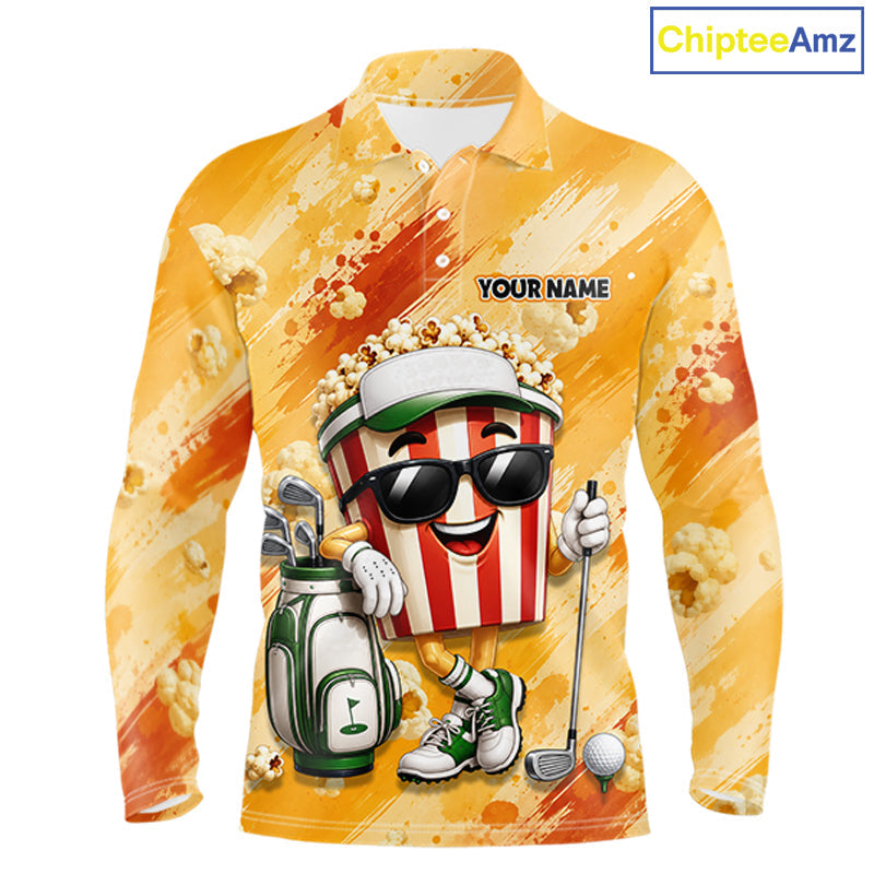 Funny Popcorn Golf Polo Shirt Custom Name, Personalized Popcorn Golfer Team Polo