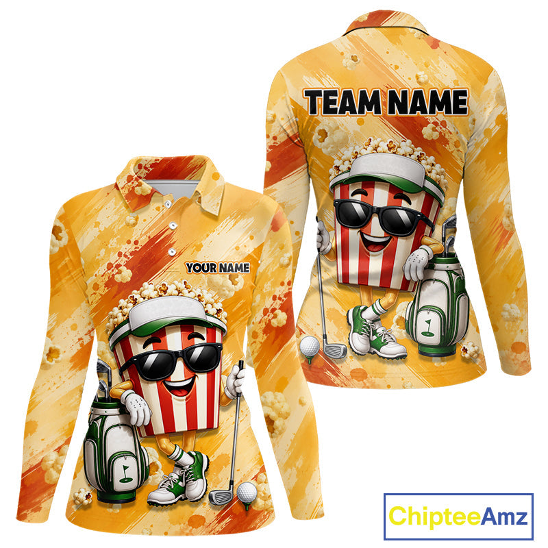 Funny Popcorn Golf Polo Shirt Custom Name, Personalized Popcorn Golfer Team Polo