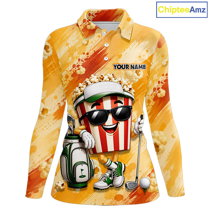 Funny Popcorn Golf Polo Shirt Custom Name, Personalized Popcorn Golfer Team Polo