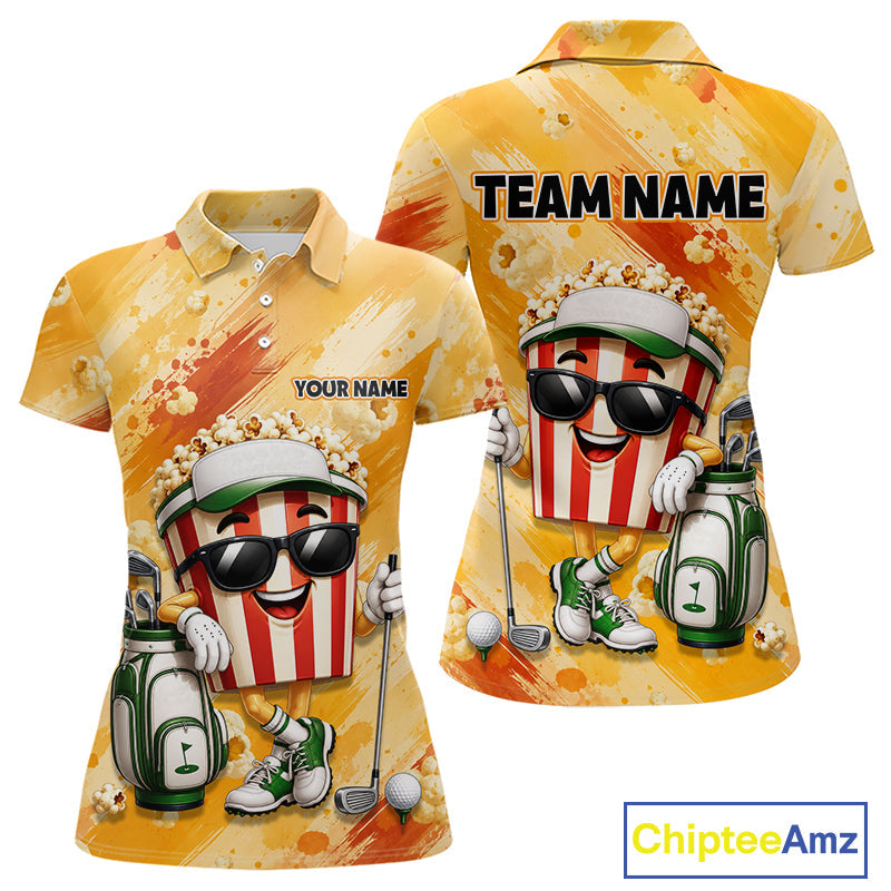 Funny Popcorn Golf Polo Shirt Custom Name, Personalized Popcorn Golfer Team Polo