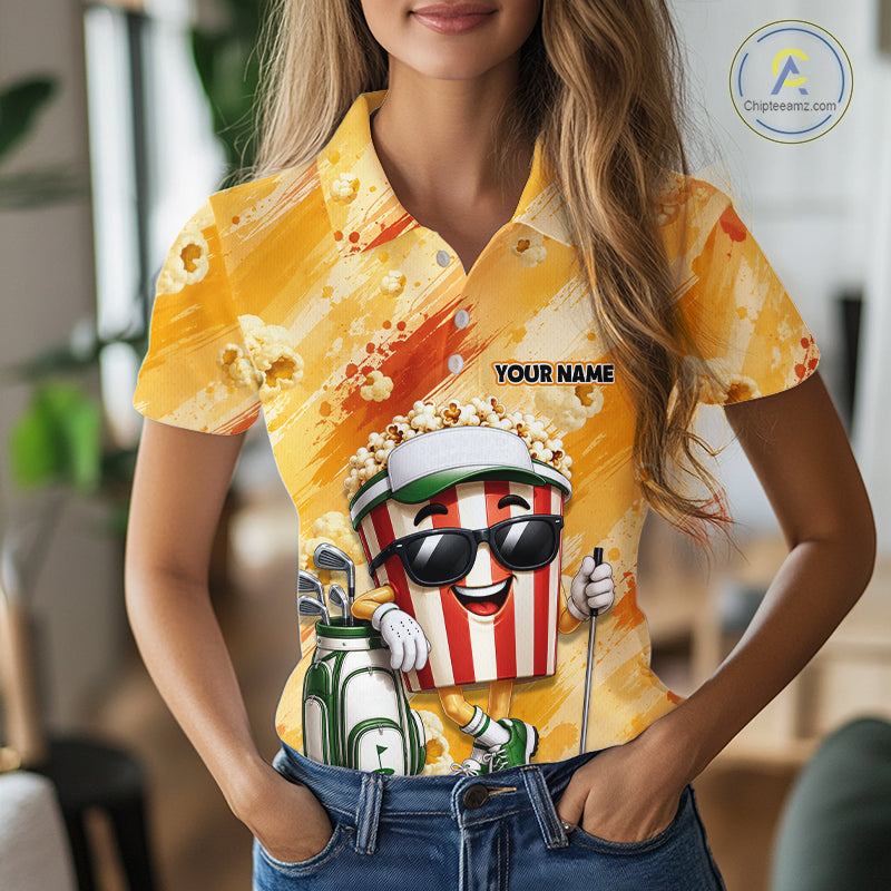 Funny Popcorn Golf Polo Shirt Custom Name, Personalized Popcorn Golfer Team Polo