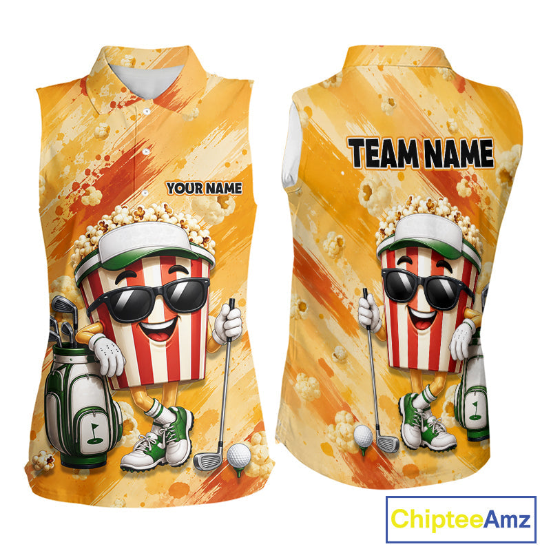 Funny Popcorn Sleeveless Golf Polo Shirt Custom Name, Personalized Popcorn Golfer Team Polo