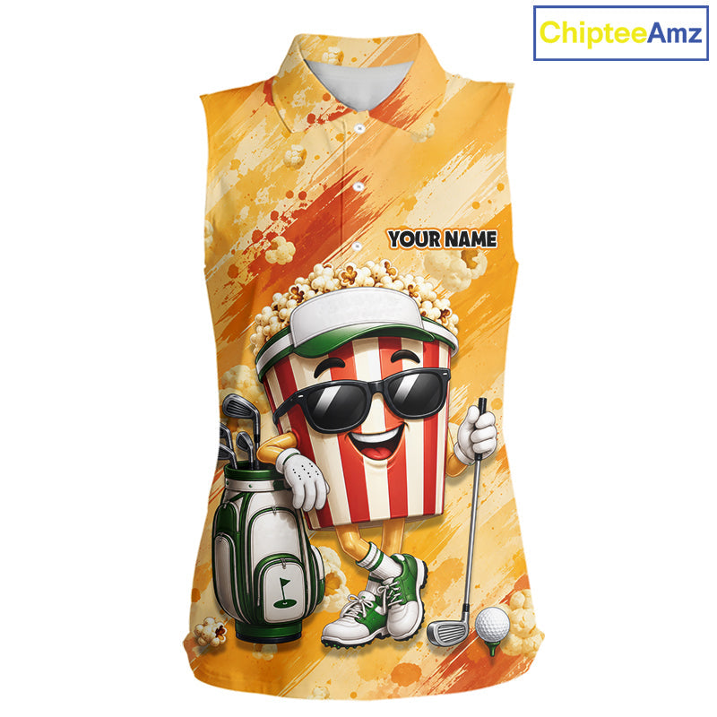 Funny Popcorn Sleeveless Golf Polo Shirt Custom Name, Personalized Popcorn Golfer Team Polo