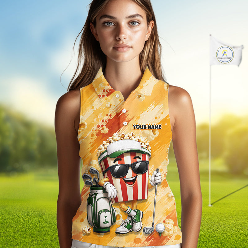 Funny Popcorn Sleeveless Golf Polo Shirt Custom Name, Personalized Popcorn Golfer Team Polo
