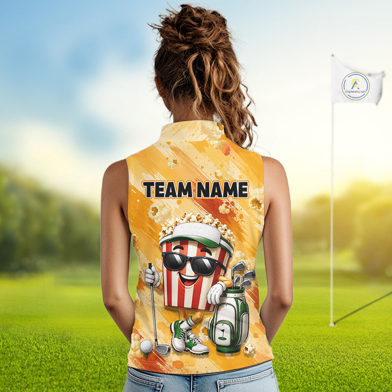 Funny Popcorn Sleeveless Golf Polo Shirt Custom Name, Personalized Popcorn Golfer Team Polo