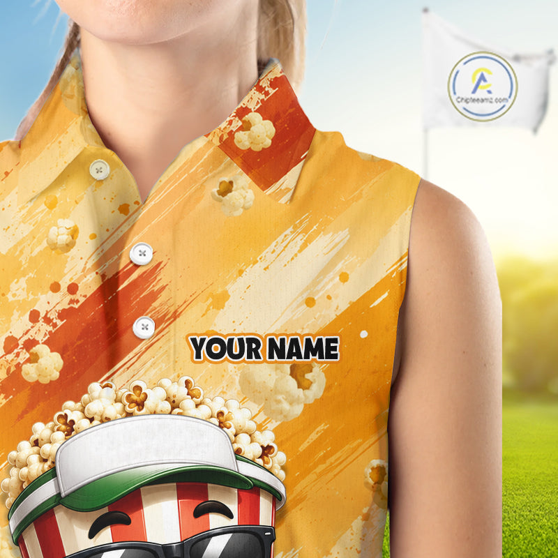 Funny Popcorn Sleeveless Golf Polo Shirt Custom Name, Personalized Popcorn Golfer Team Polo