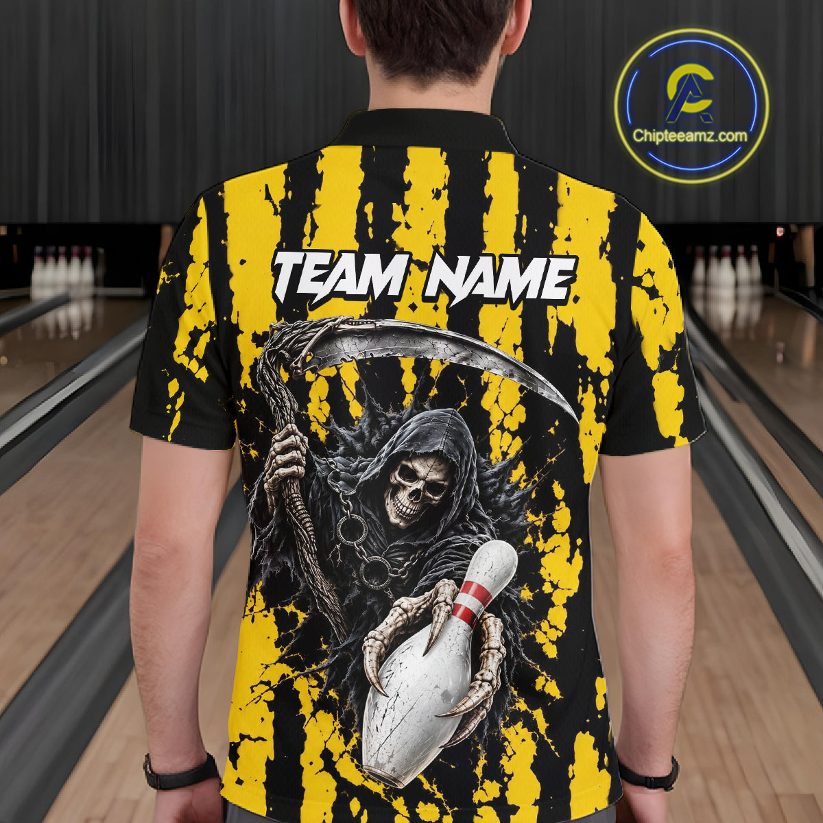 Grim Reaper Bowling Ball Pins Polo Shirt Custom Yellow Black Team Tournament Jersey