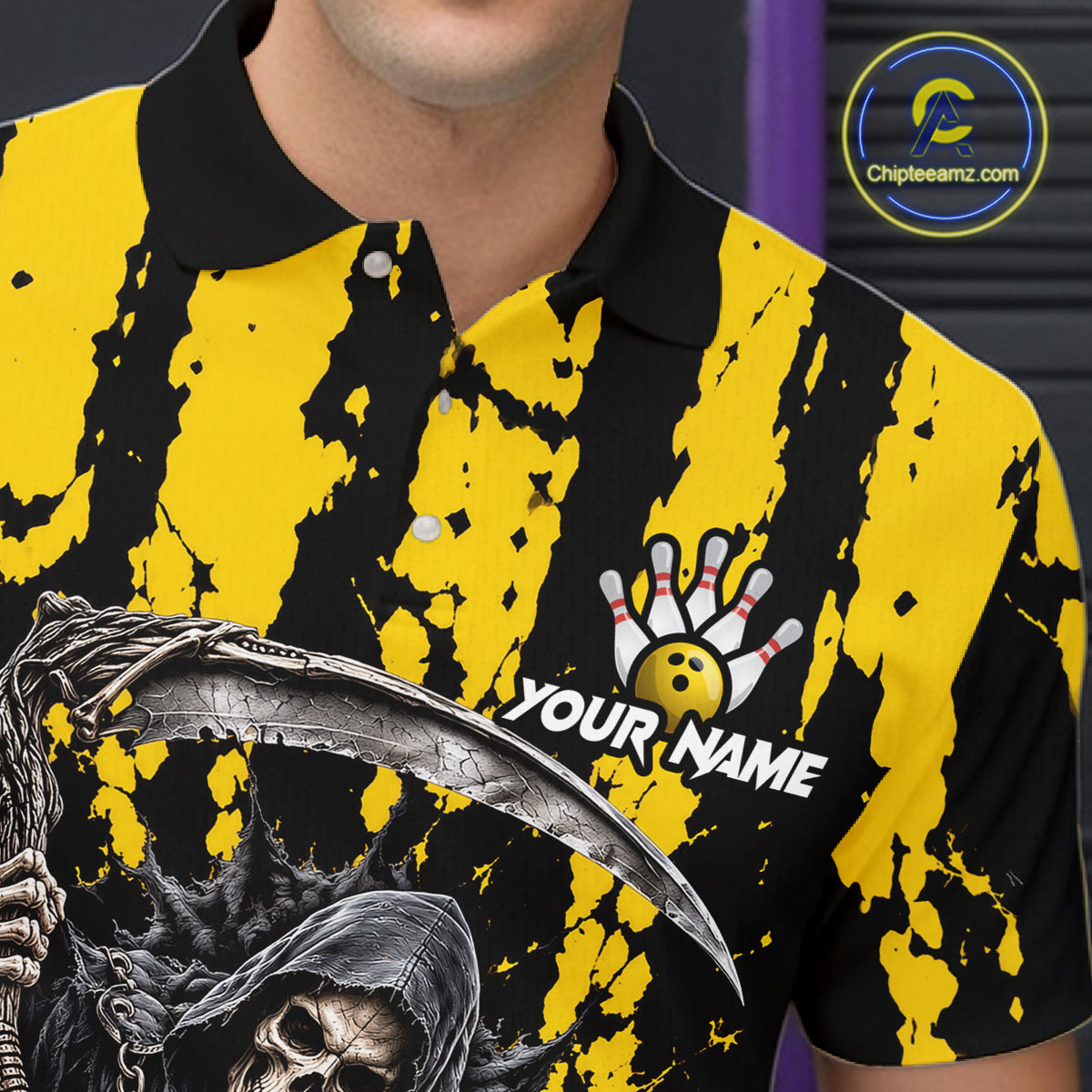 Grim Reaper Bowling Ball Pins Polo Shirt Custom Yellow Black Team Tournament Jersey