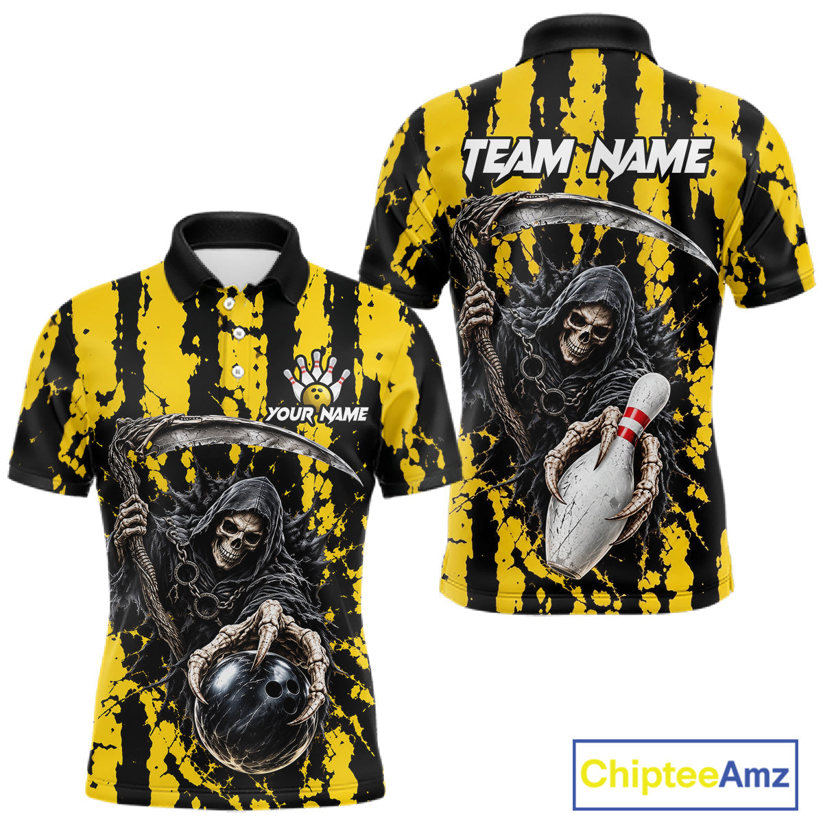 Grim Reaper Bowling Ball Pins Polo Shirt Custom Yellow Black Team Tournament Jersey
