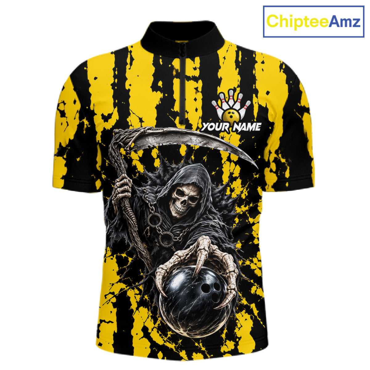 Grim Reaper Bowling Ball Pins Polo Shirt Custom Yellow Black Team Tournament Jersey
