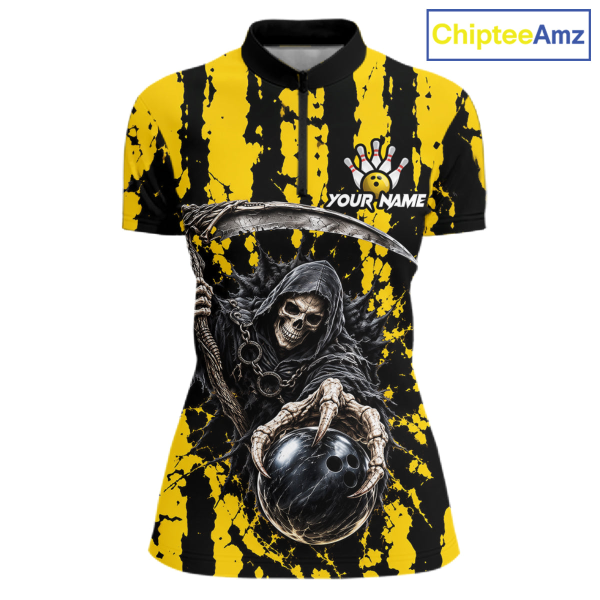 Grim Reaper Bowling Ball Pins Polo Shirt Custom Yellow Black Team Tournament Jersey