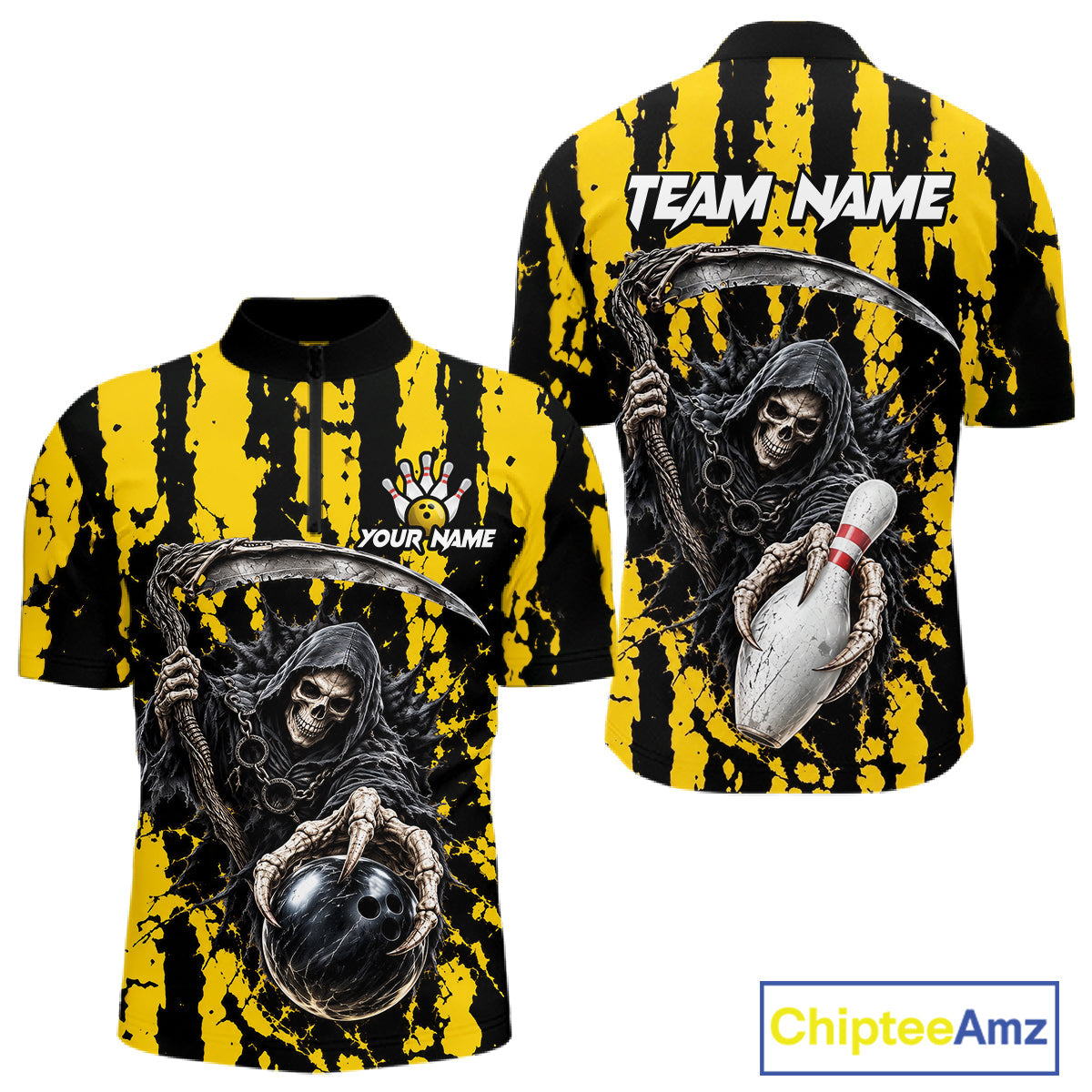 Grim Reaper Bowling Ball Pins Polo Shirt Custom Yellow Black Team Tournament Jersey