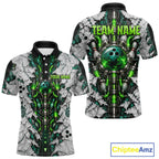 Green Biomechanical Bowling Ball Pins Polo Shirt Custom Sci-Fi Team Tournament Jersey