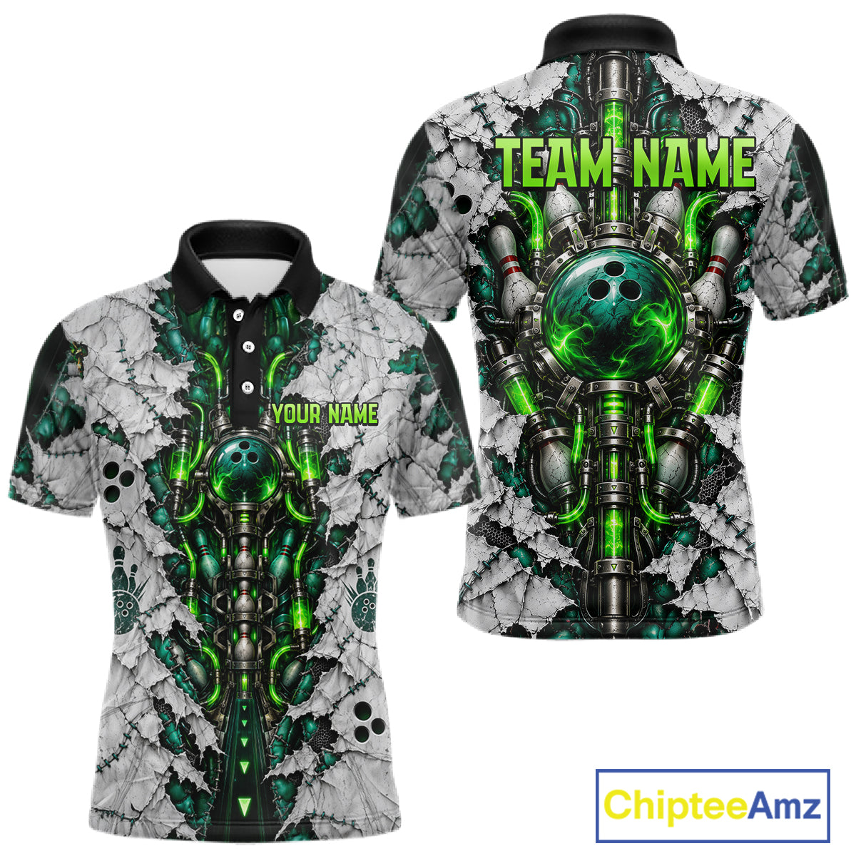 Green Biomechanical Bowling Ball Pins Polo Shirt Custom Sci-Fi Team Tournament Jersey