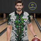 Green Biomechanical Bowling Ball Pins Polo Shirt Custom Sci-Fi Team Tournament Jersey