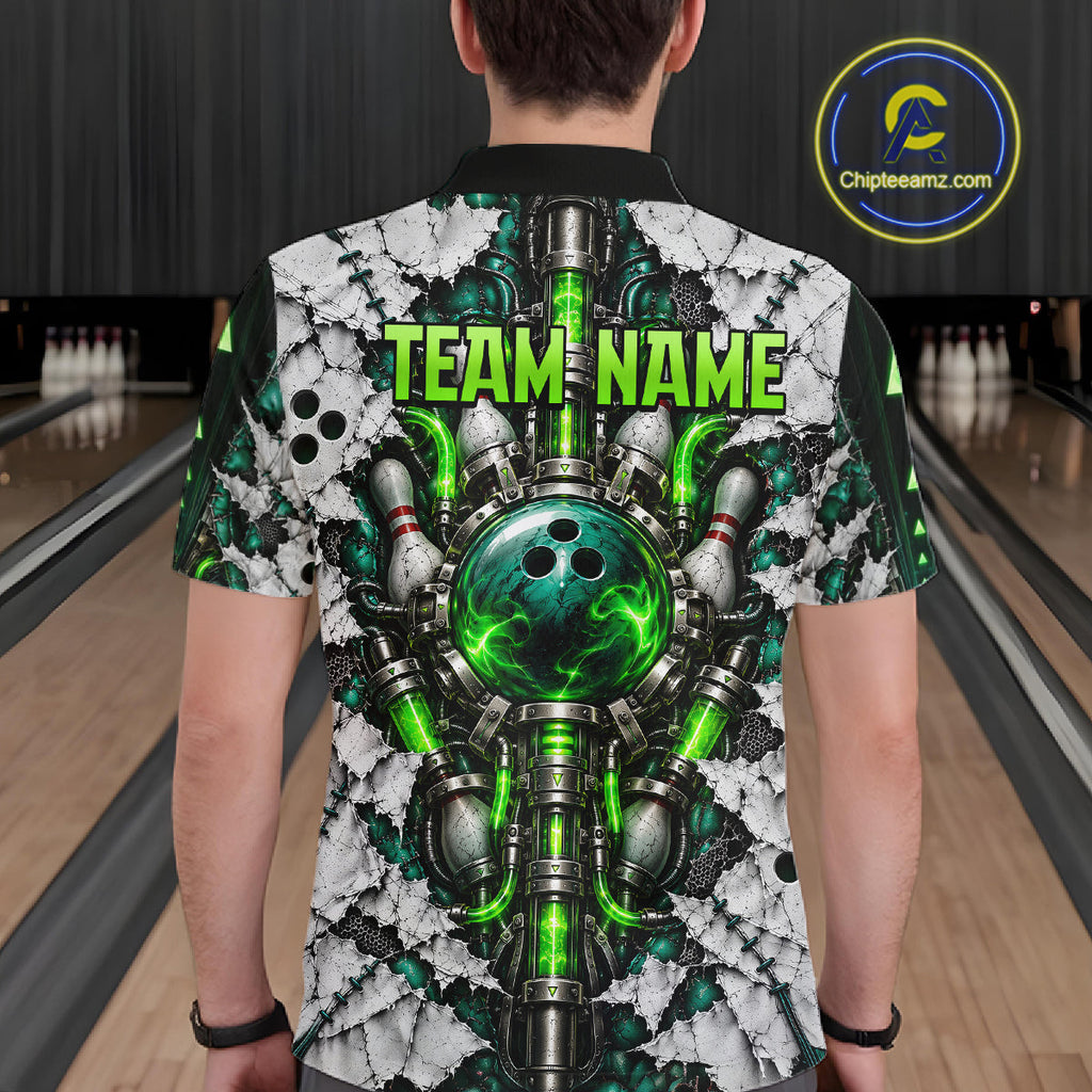 Green Biomechanical Bowling Ball Pins Polo Shirt Custom Sci-Fi Team Tournament Jersey