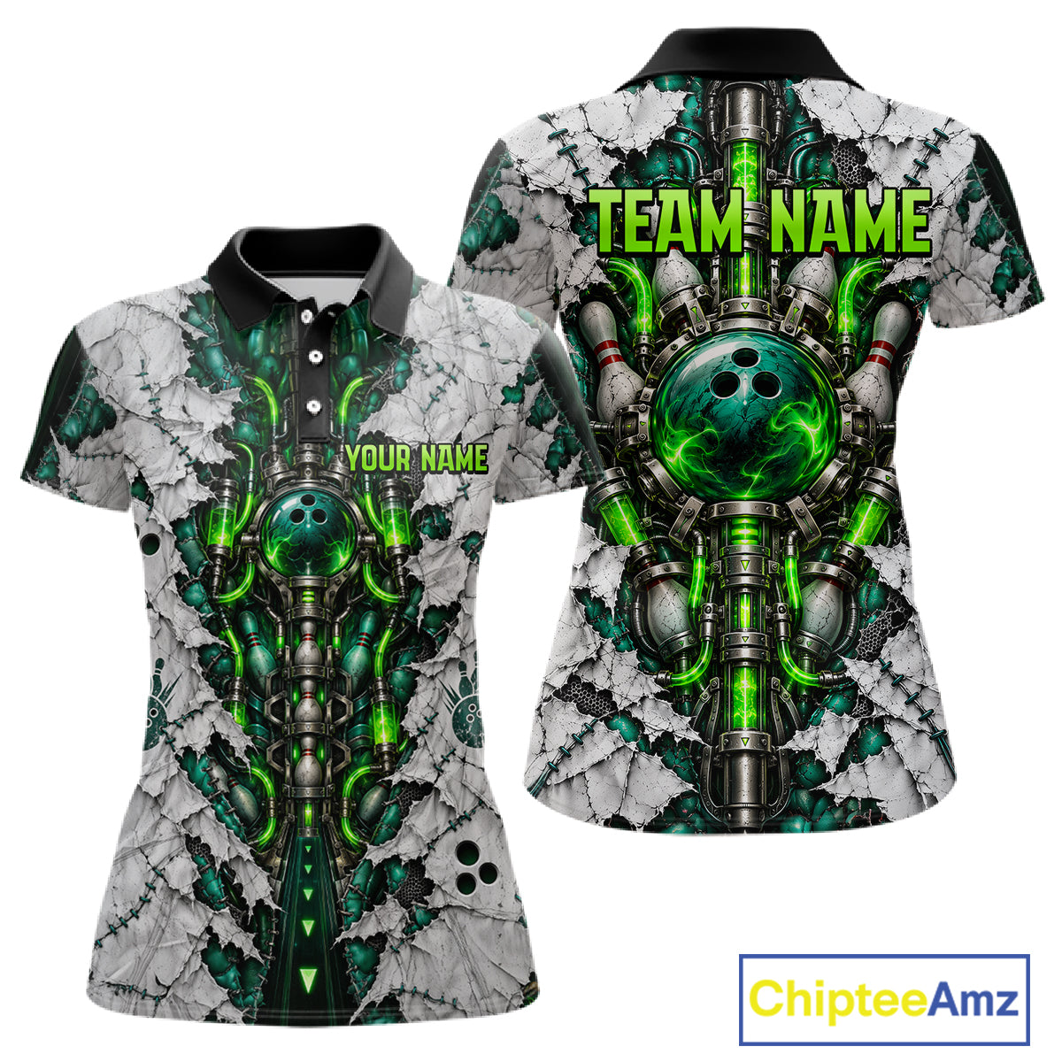 Green Biomechanical Bowling Ball Pins Polo Shirt Custom Sci-Fi Team Tournament Jersey