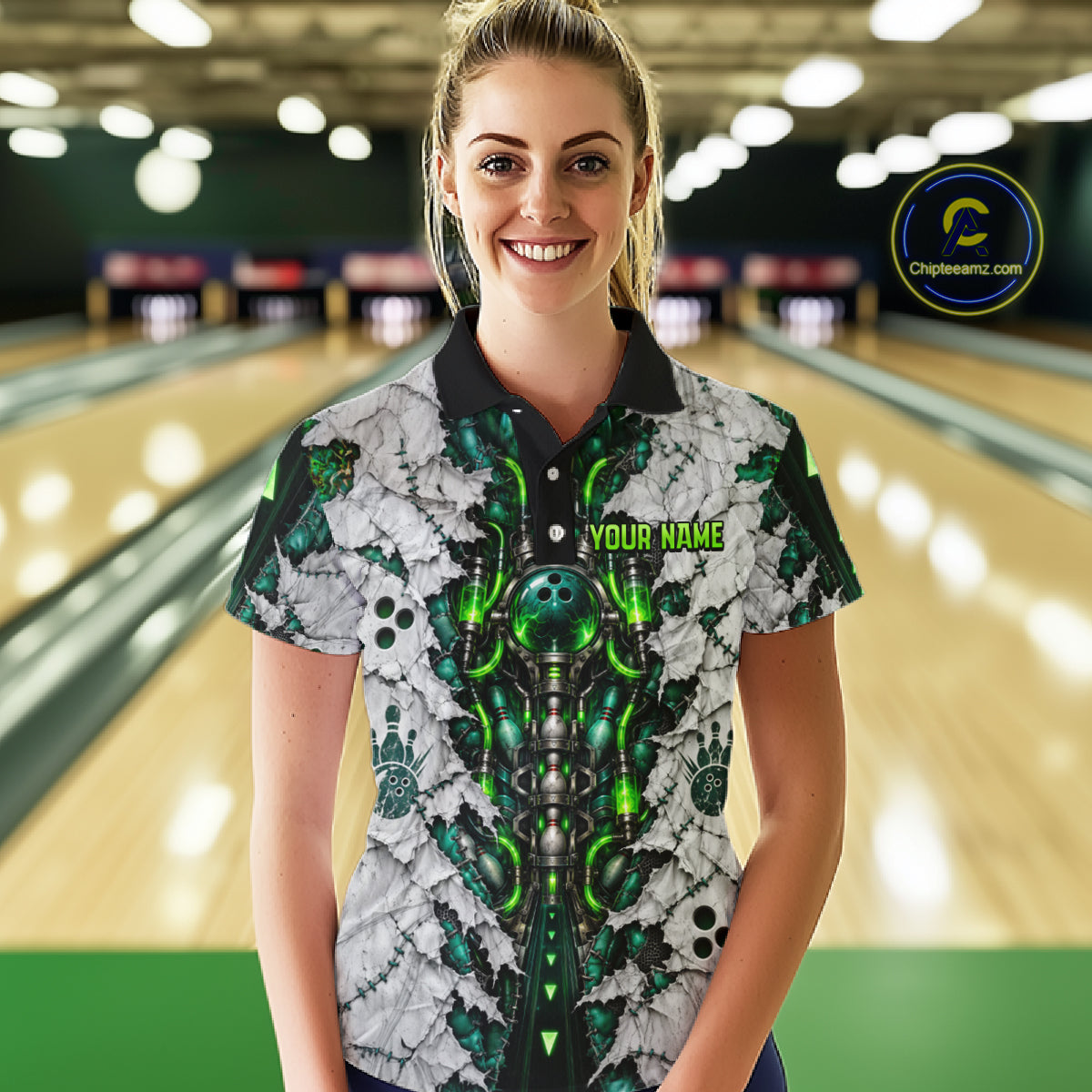 Green Biomechanical Bowling Ball Pins Polo Shirt Custom Sci-Fi Team Tournament Jersey