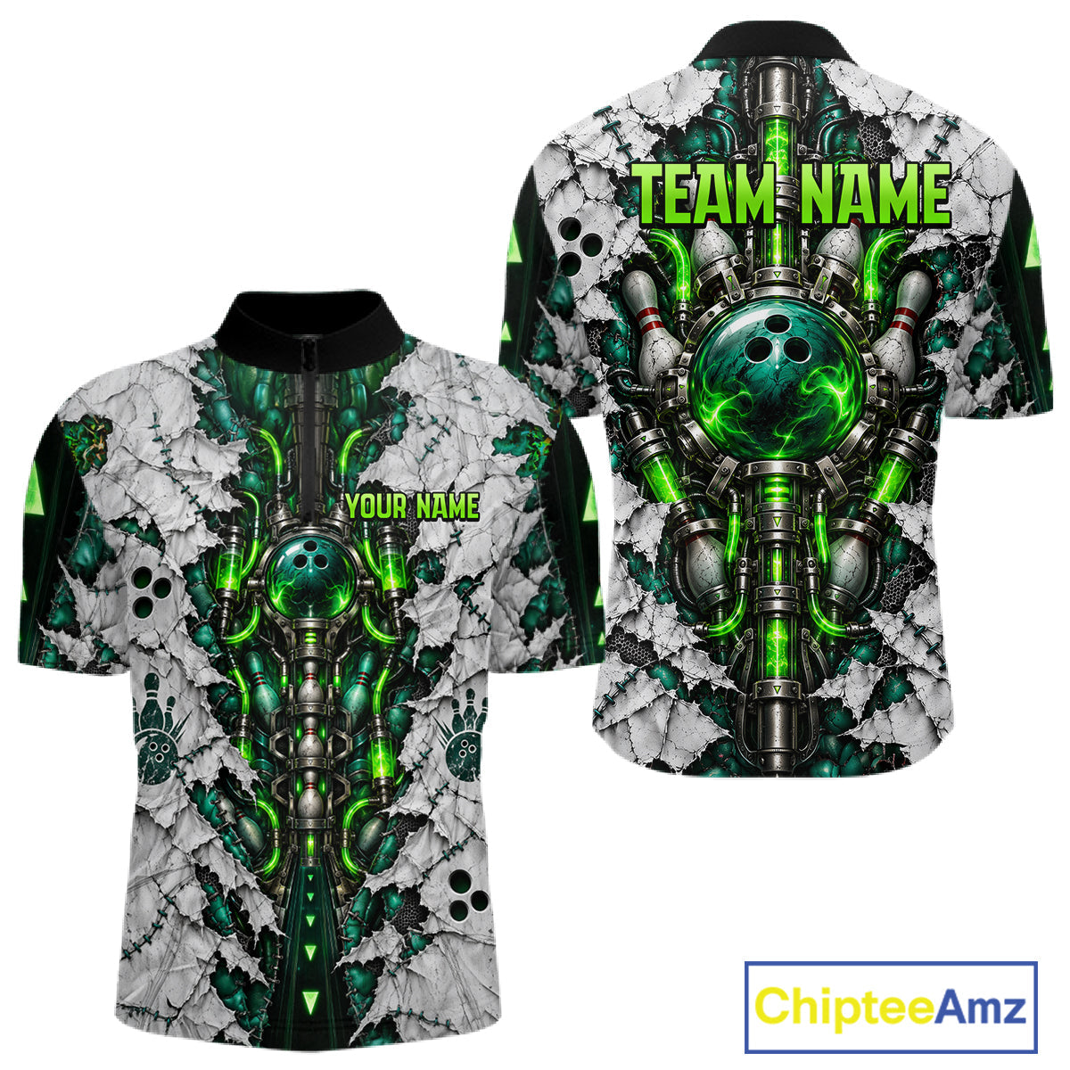 Green Biomechanical Bowling Ball Pins Polo Shirt Custom Sci-Fi Team Tournament Jersey